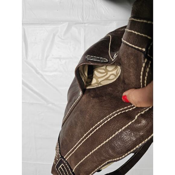 Fossil Brown Y2K leather satchel. M/L. W white stitches. Multiple pockets. Soft‎ - Picture 6 of 14